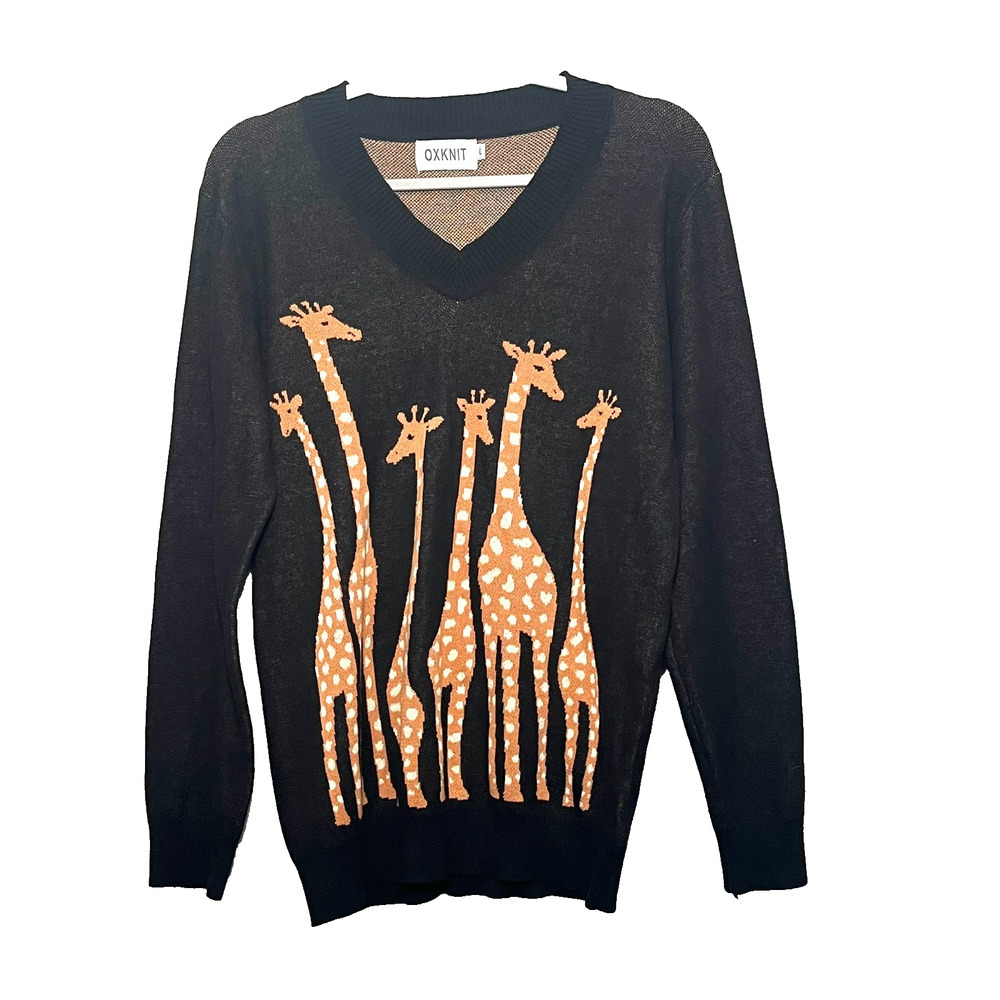 Oxknit Women Giraffe Animal Sweater Size Large Whimsical Twee Quirky Novelty